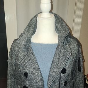 Gray Hooded Peacoat with Black Buttons